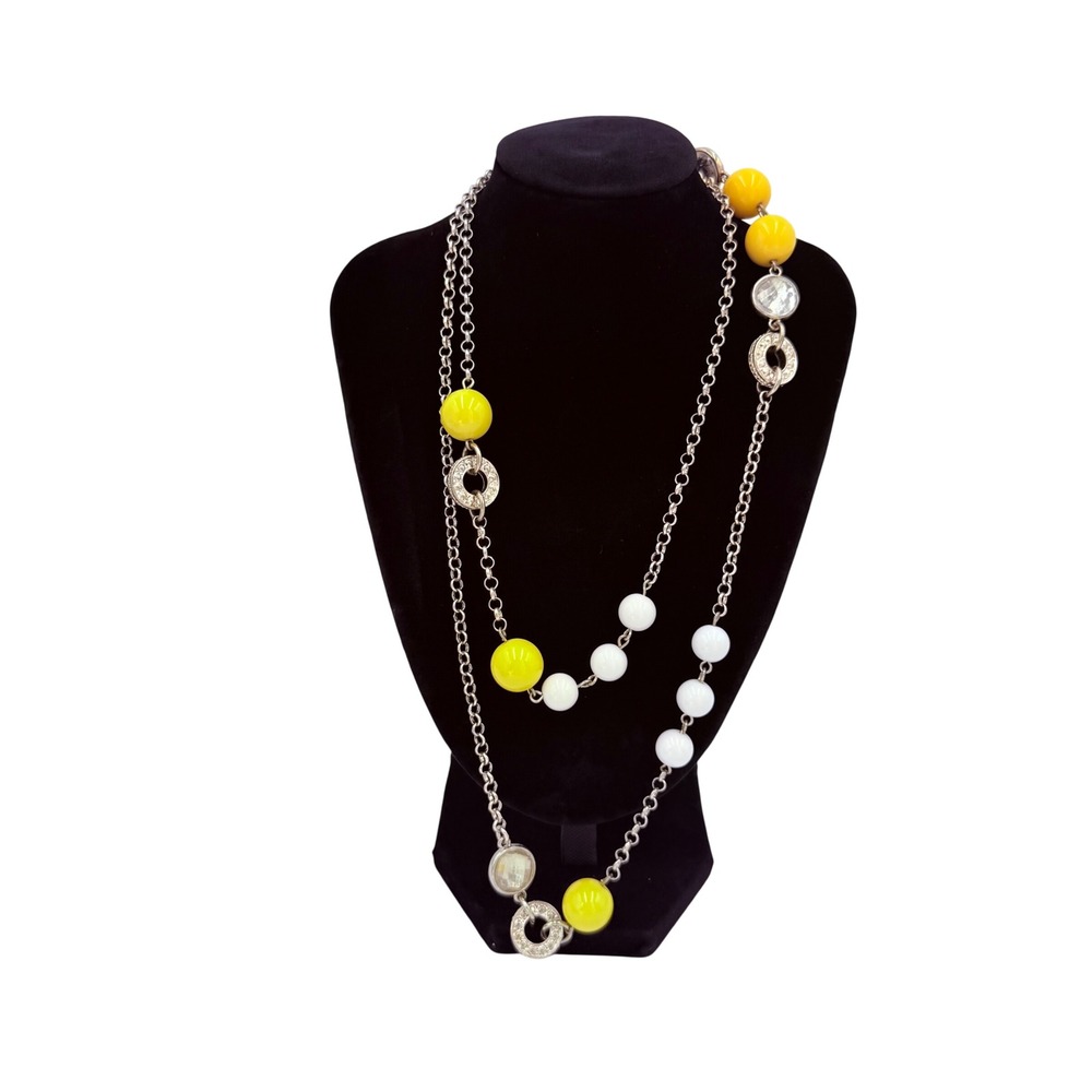 Banana Republic Station Necklace Women Gold Yellow White Bead Crystal Accents